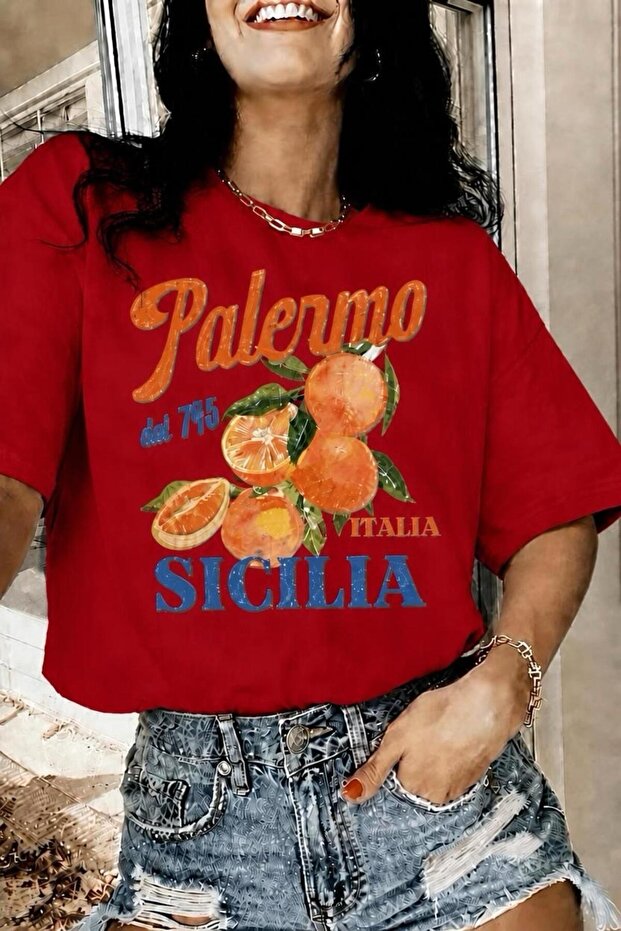 Palermo Sicily Orange Themed Crew Neck Cotton Oversize T-Shirt