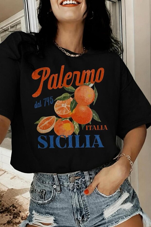 Palermo Sicily Orange Themed Crew Neck Cotton Oversize T-Shirt