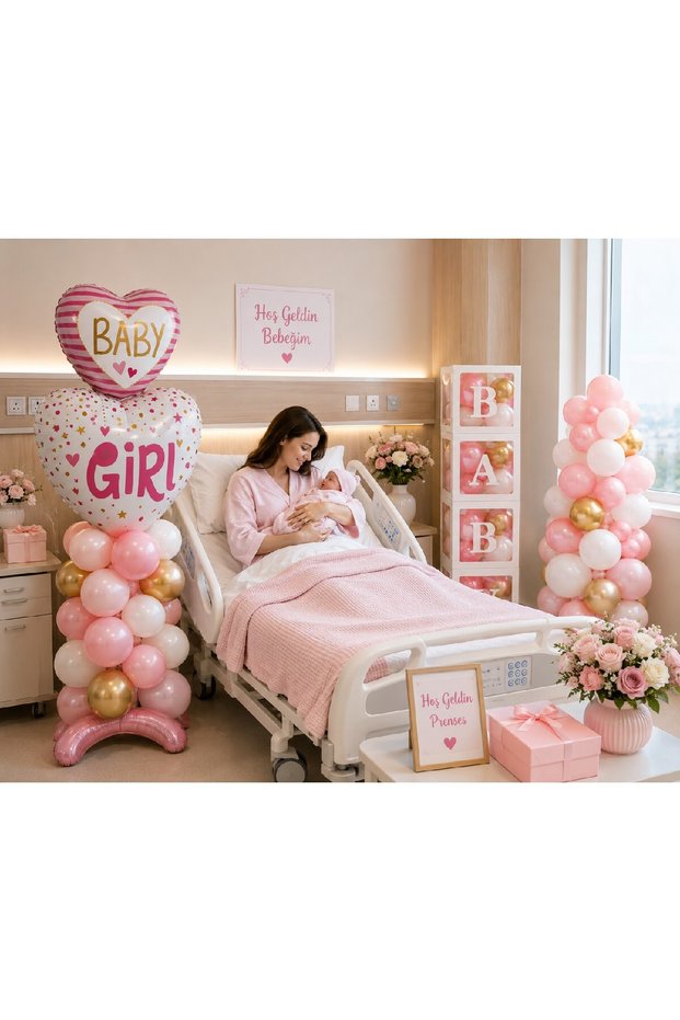 Baby Girl Hospital Room Decoration Set – Welcome Baby Girl Balloon Decoration Set | Baby Box, Balloon Stand and Balloon Chain