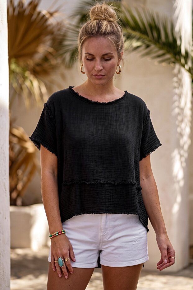 Black Pool Collar Low Sleeve Washable Dirty Stitched Casual Cotton Long Back Woven Blouse 60 60