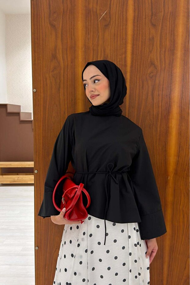 Black Poplin Asymmetrical Eliane Blouse with Thin Belt