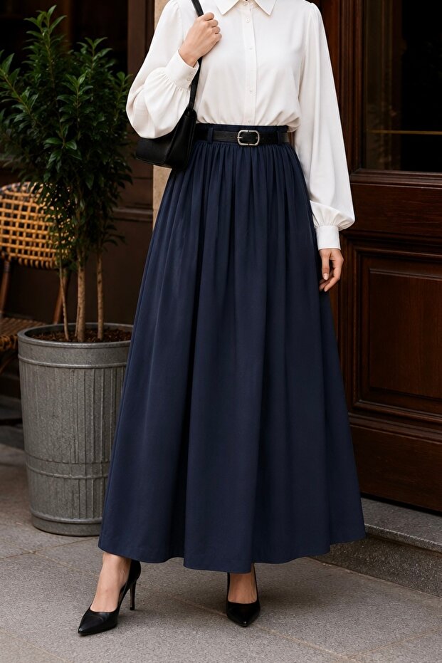 Navy Blue Waist Elastic Belted Skirt