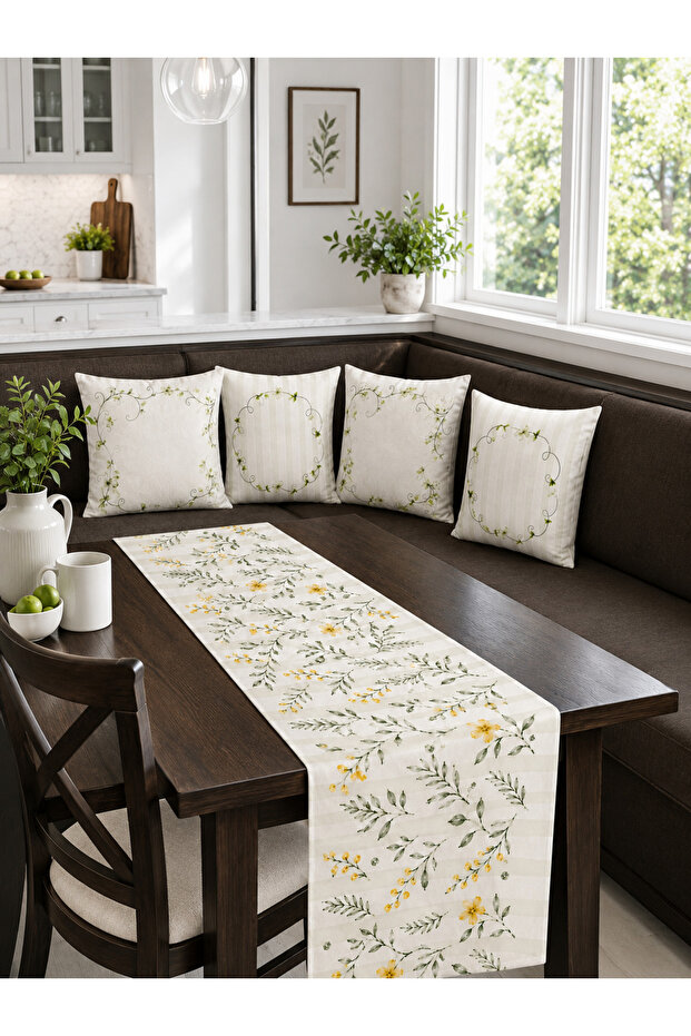 Cream Green Leaf Yellow Flower Runner and Set of 4 Throw Pillow Covers Decorative Pillow