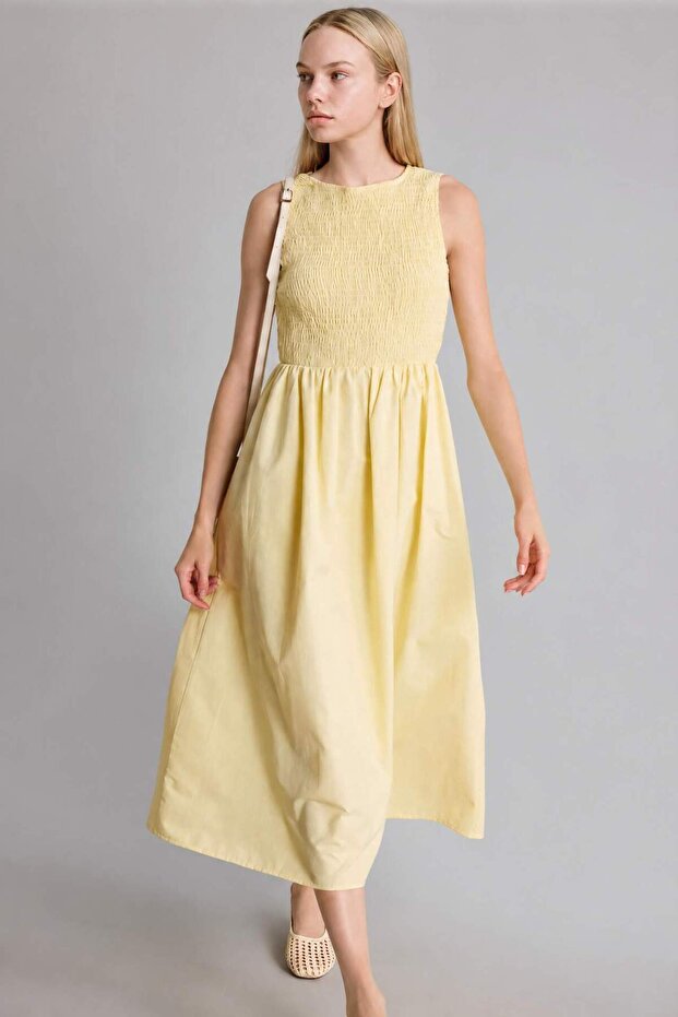 Crew Neck Cotton Sleeveless Light Yellow Midi Dress H8429Ax26Sm