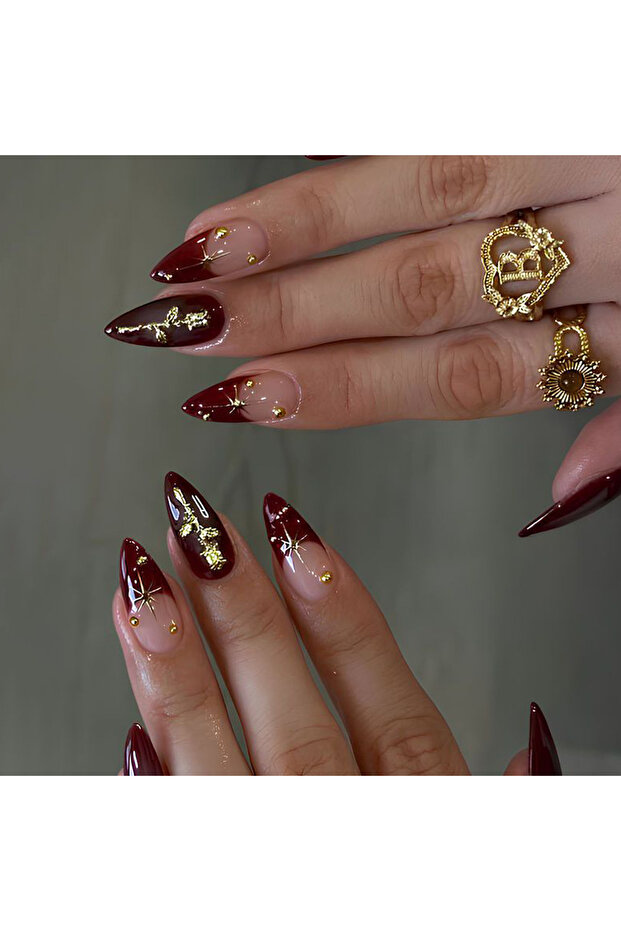 A17-03-01 24pcs Flower Long Almond Press on False Nails Sets Reusable Gilded Lines Design Fake Nail