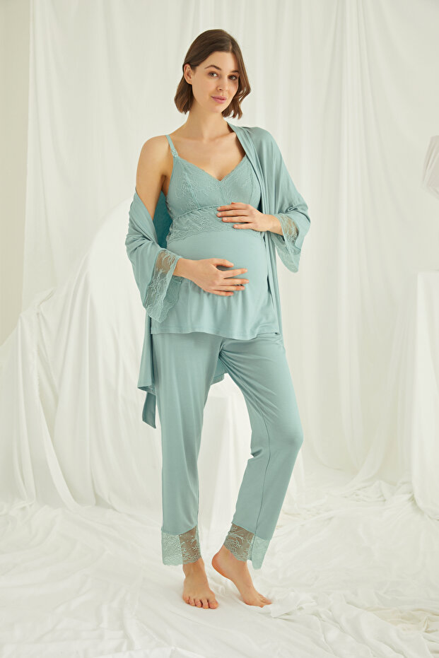 Lace Maternity 3-Piece Pajama and Robe Set - Hospital Release Water Green Viscose Triple Set with Breastfeeding Clips