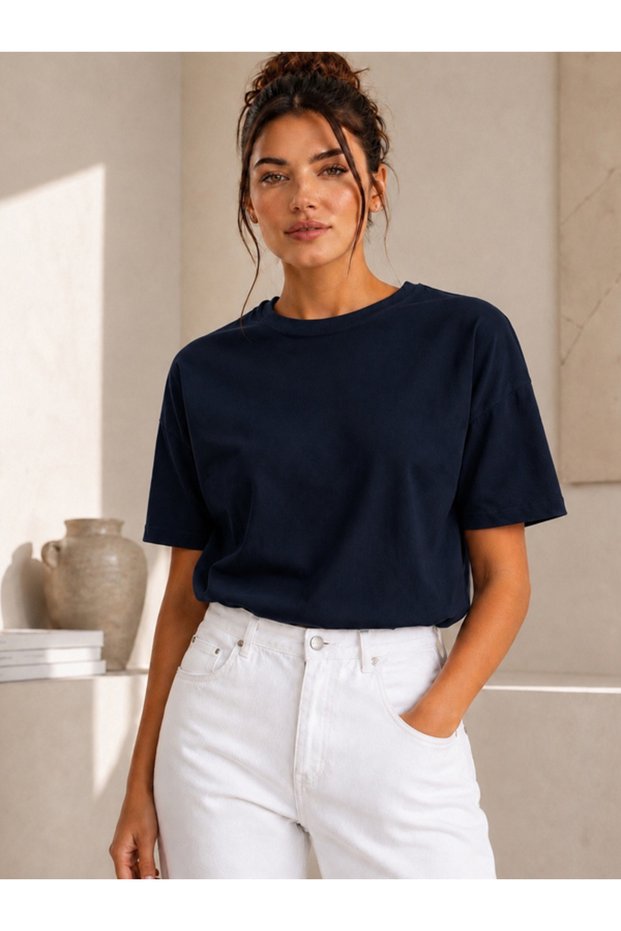 Women's Navy Blue Basic T-Shirt - Basic Comfortable Fit Crew Neck Cotton T-Shirt