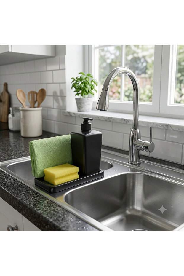Liquid Soap Dispenser with Container, Kitchen Countertop Organizer with Hand Towel Hanger and Sponge Holder