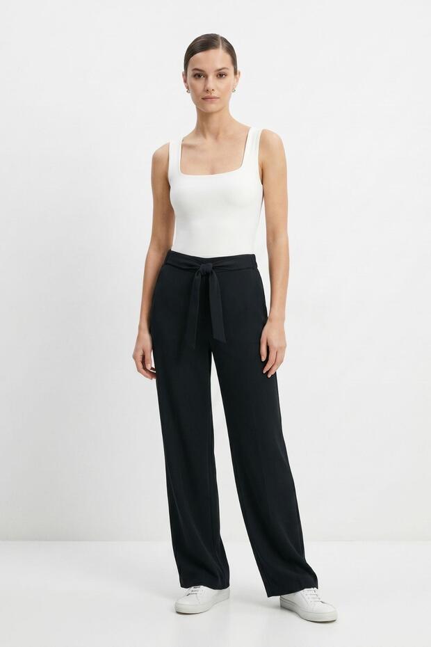 Black Trousers with Wide Legs and Tie Detail 3212