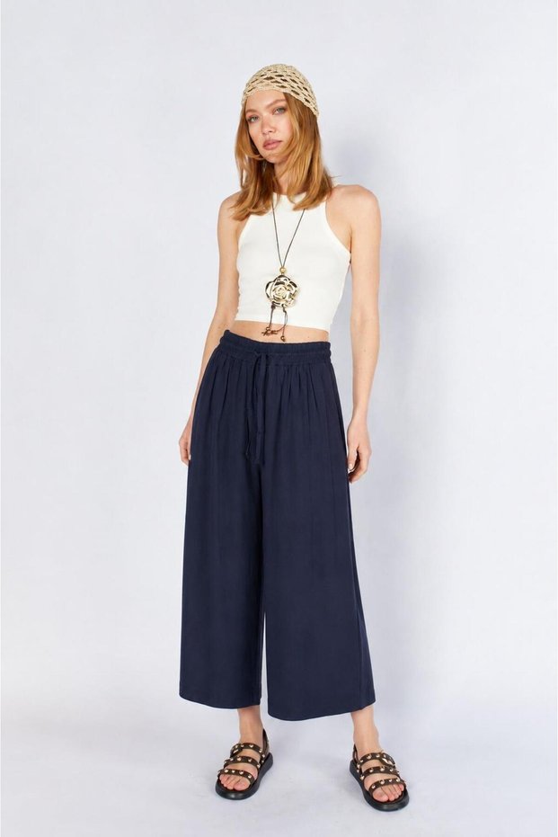 Women's Navy Blue 5579 Tie-Waist Elastic Loose Cut Loose Cut Trousers