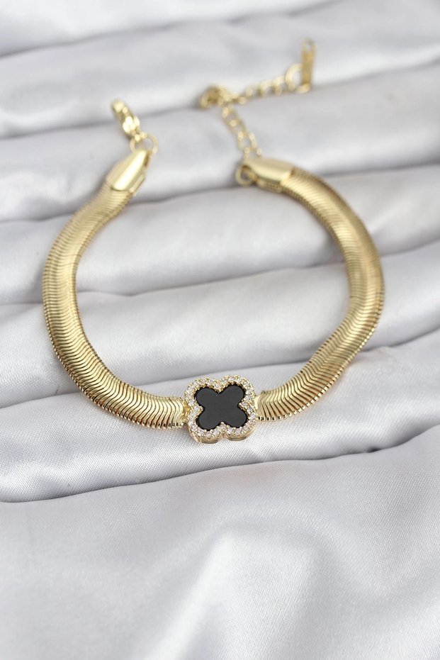 316L Steel Gold Color Black Clover Model Zircon Stone Snake Chain Women's Bracelet