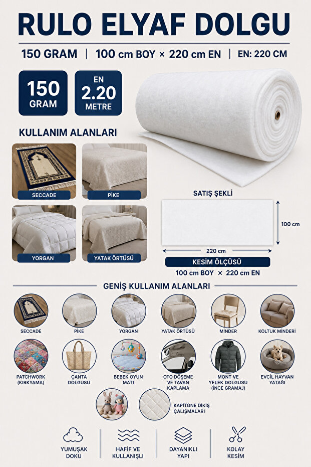 150 Gr Roll of Fiber Wadding 220cm Width | Seccade, Pike, Quilt Filler