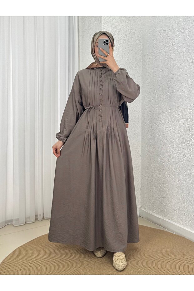 Maruna Poplin Pleated Buttoned Dress-Na2404 Mink