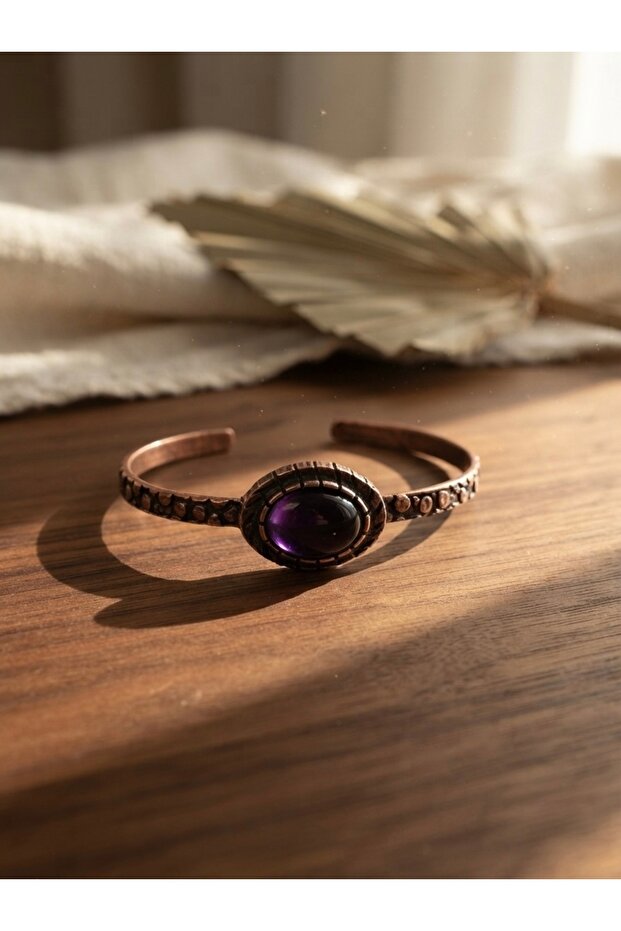 Purple Agate Natural Stone Antique Embossed Copper Body Adjustable Bracelet