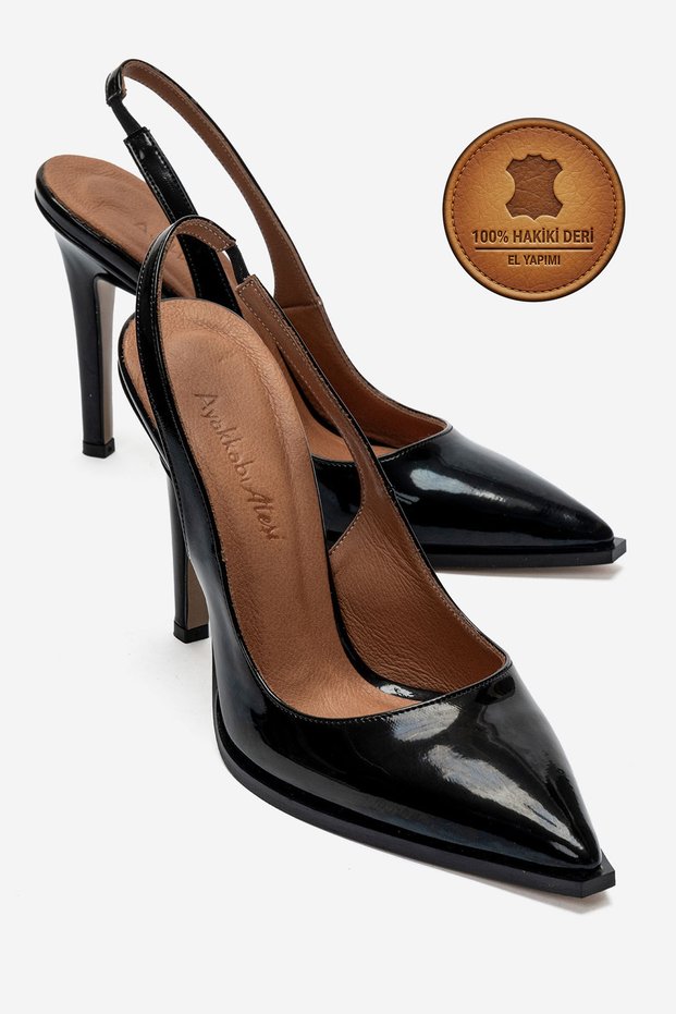 Genuine Leather Black Patent Leather Pointed Toe Flat Sole Stiletto High Heel Shoes Vardola