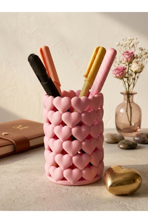 Heart Patterned Desk Pen Holder - Multi-Purpose Organizer
