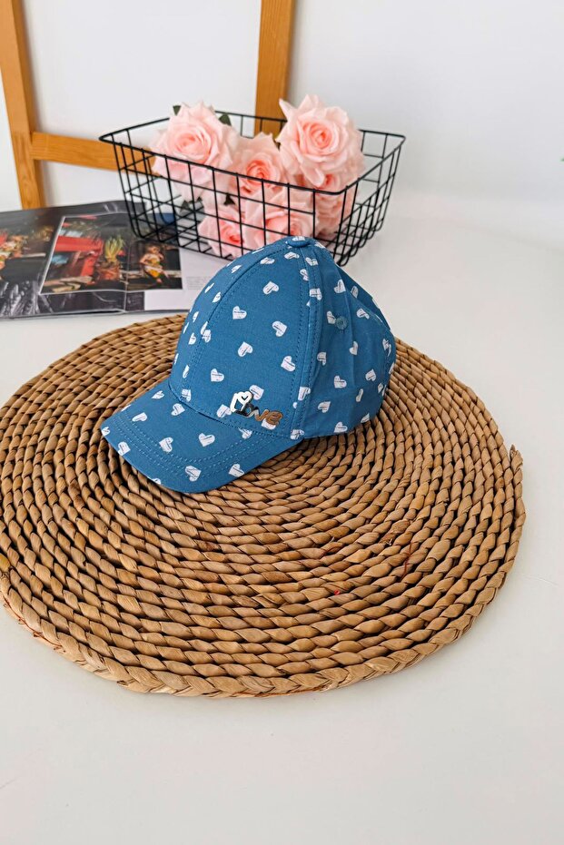 1-4 Years Old Love Embroidered Heart Patterned Children's Hat - Blue