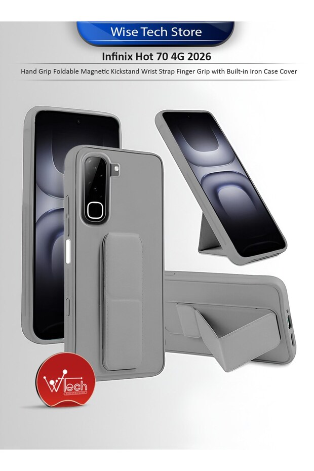 Infinix Hot 70 4G 2026 Hand Grip Foldable Magnetic Kickstand Wrist Strap Finger Grip with Built-in Iron Case Cover
