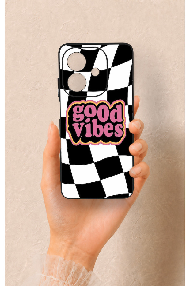 Oppo A3 Compatible Black Good Vibes Patterned Silicone Case