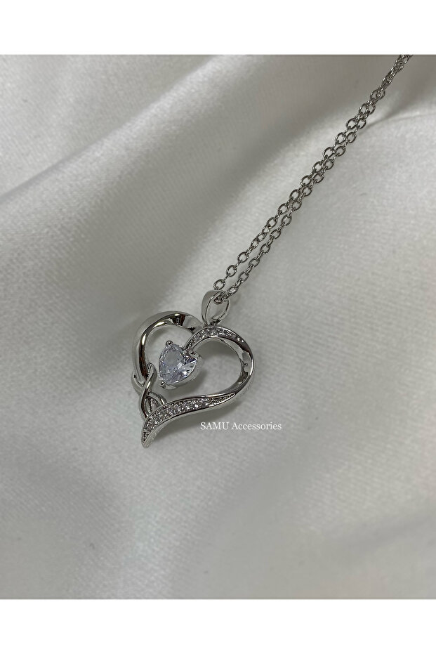 Infinity Heart Steel Necklace with Center Stone - Silver Infinity Heart Necklace