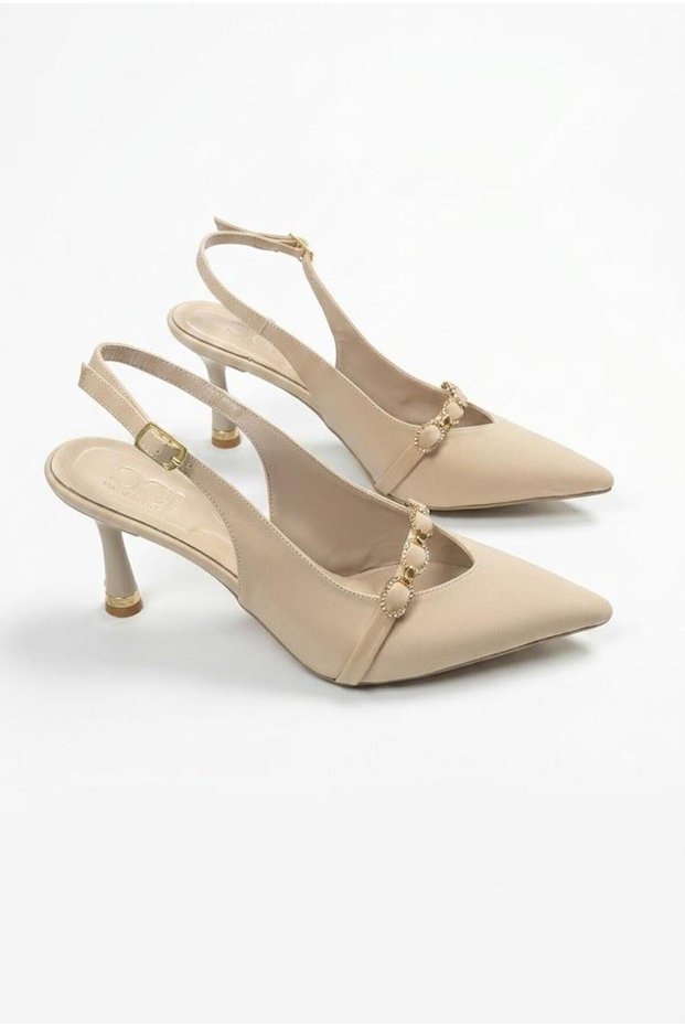 35096 Satin Chain Buckle Detailed 7 cm Heel Height Women's Shoes