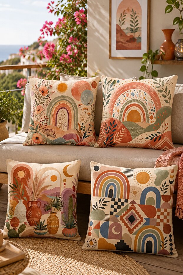 Bohemian Colorful Rainbow Patterned 4-Piece Throw Pillow Cover Set