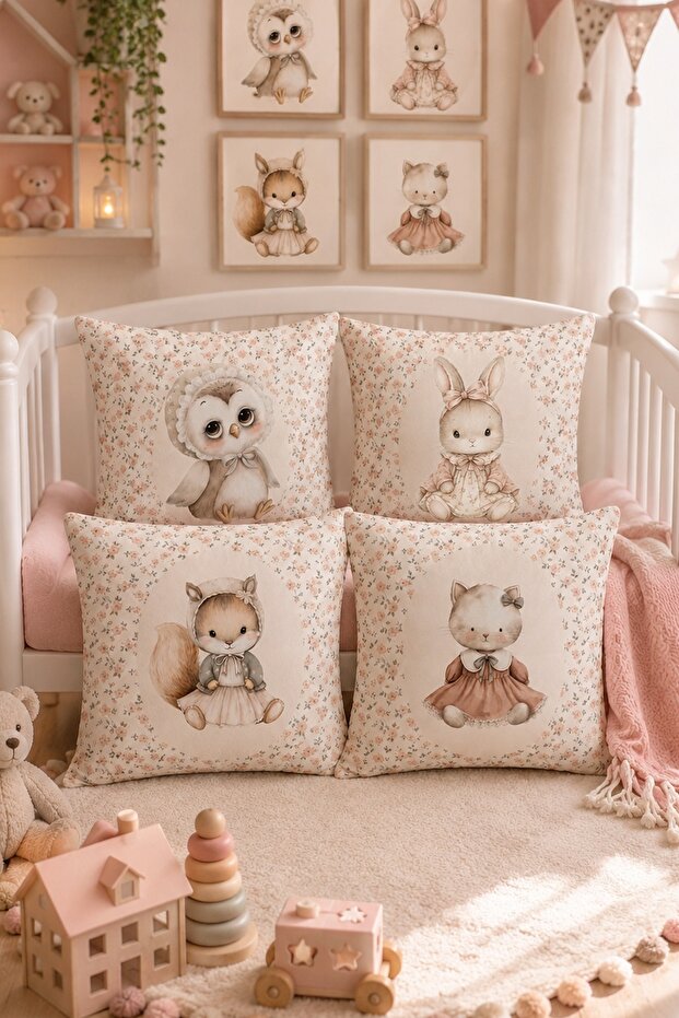 Floral Baby Animals Patterned 4-Piece Children's and Baby Pillowcase Set