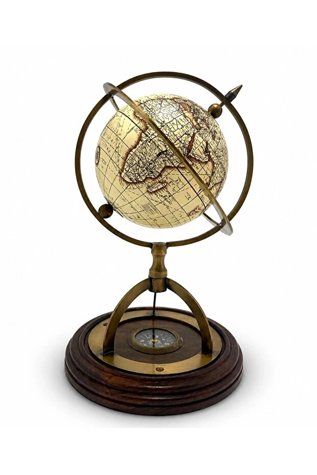 Brass World Globe and Compass Decoration with Wooden Base Nı5360