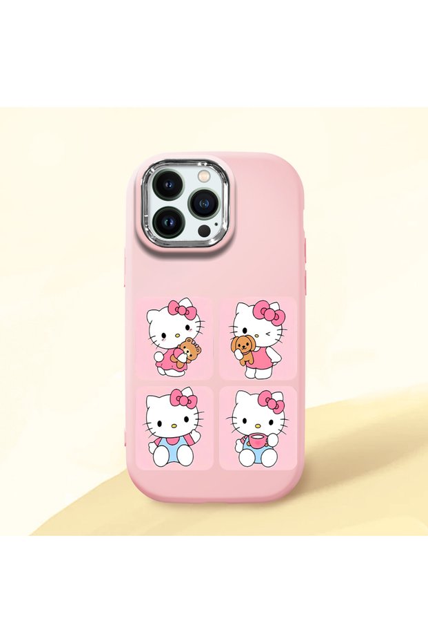 iPhone 13 Pro Max Compatible Case Camera Protector Pink Silicone Couple Phone Case with Kitty Pattern