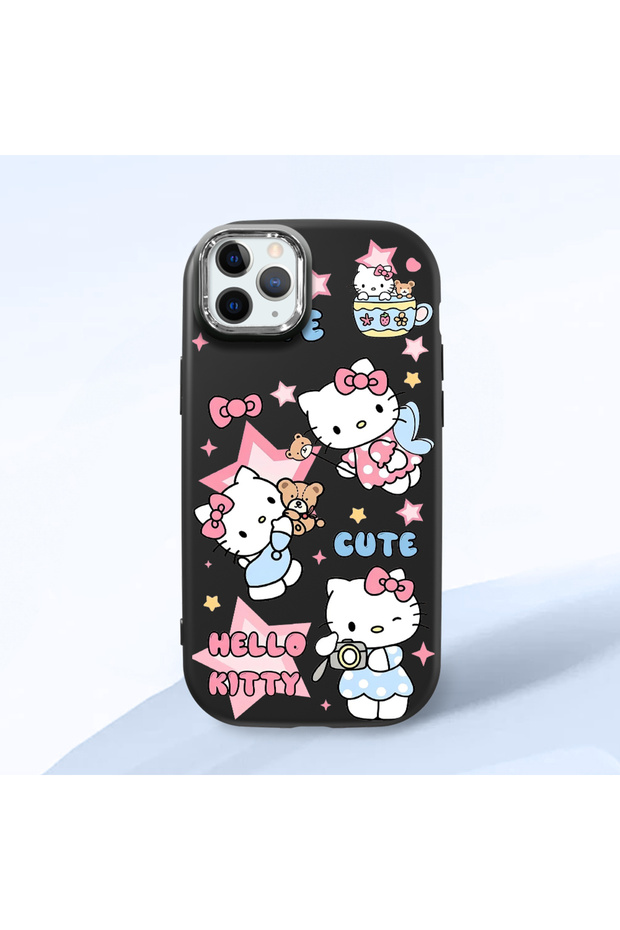 iPhone 11 Pro Max Compatible Case with Camera Protector Black Silicone Couple Phone Case with Kitty Pattern