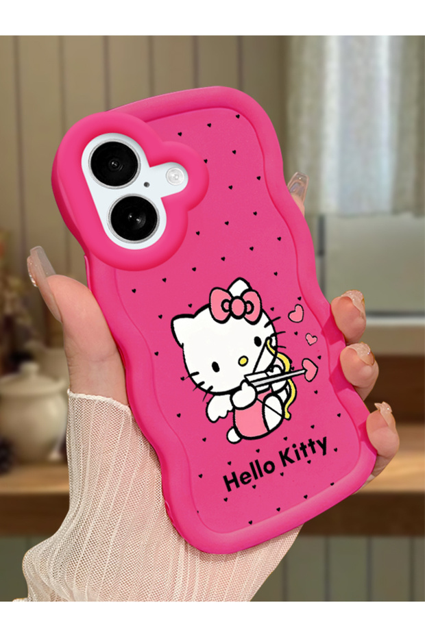 iPhone 16 Plus Compatible Case with Camera Protector Red Silicone Couple Phone Case Kitty Pattern