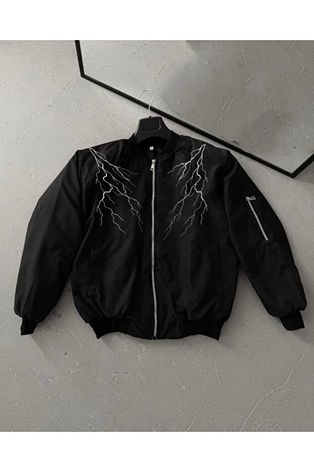 سترة بومبر بأكمام طويلة وطبعة Lightning - أسود