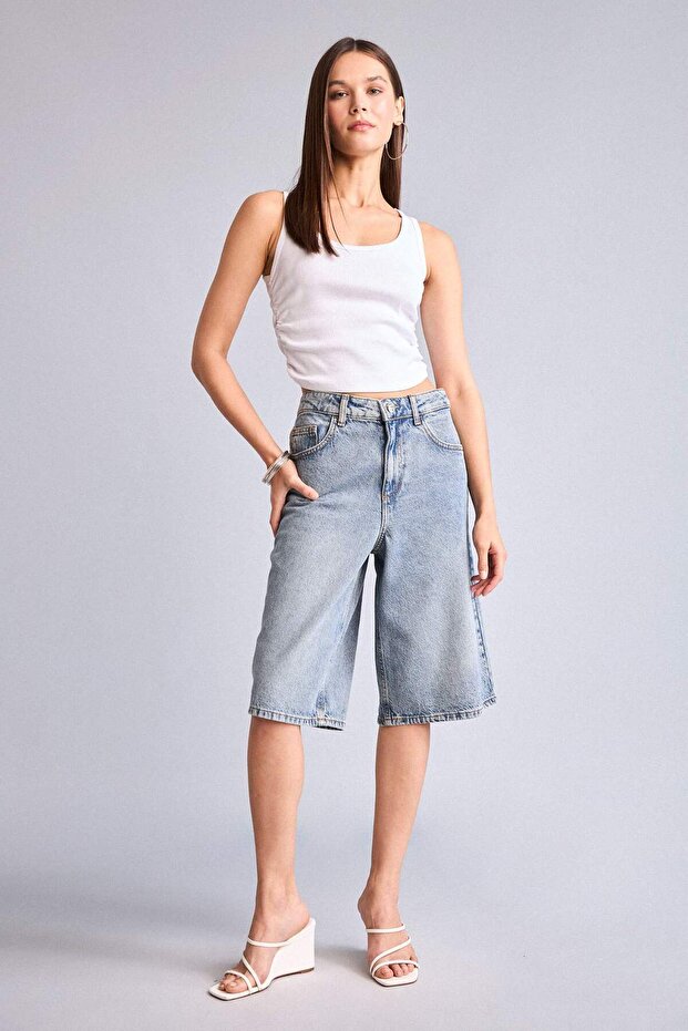 100% Cotton High Waist Light Blue Jean Bermuda Shorts H0664Ax26Hs