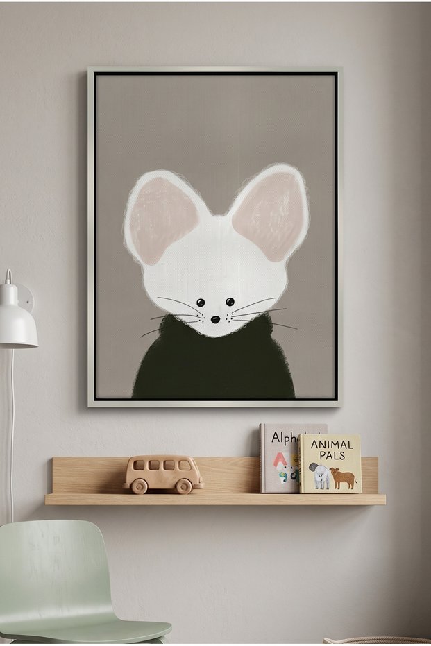 Minimalist White Mouse Kids Wall Art | Portrait Framed Canvas Print | Luxury Modern Decor for Kids Room