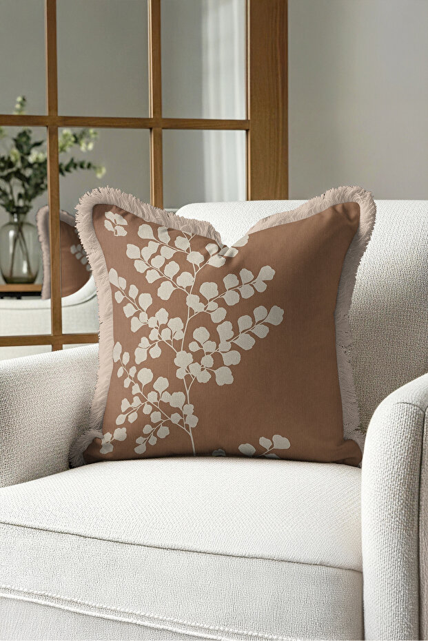 Botanical Leaf Design Fringed Pillowcase - Branch Figured Tan Cream Mink Tassel Throw Pillow Cover