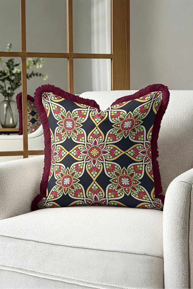 Authentic Mandala Design Fringed Pillowcase - Ethnic Retro Navy Blue Burgundy Tassel Throw Pillow Cover