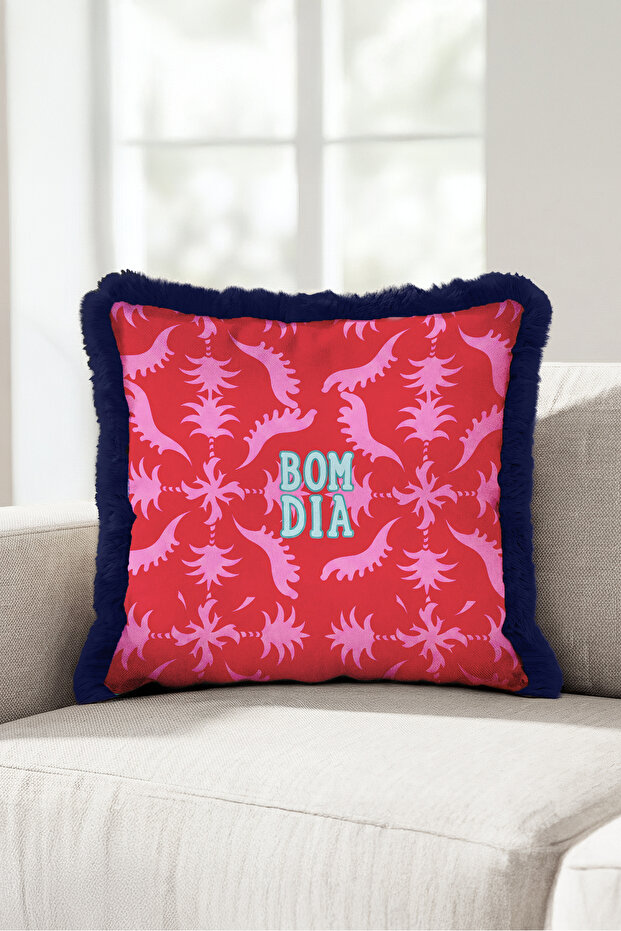 Tropical Palm Tree Bom Dia Fuchsia Fringed Pillowcase-Exotic Pink Navy Blue Tassel Throw Pillow Cover