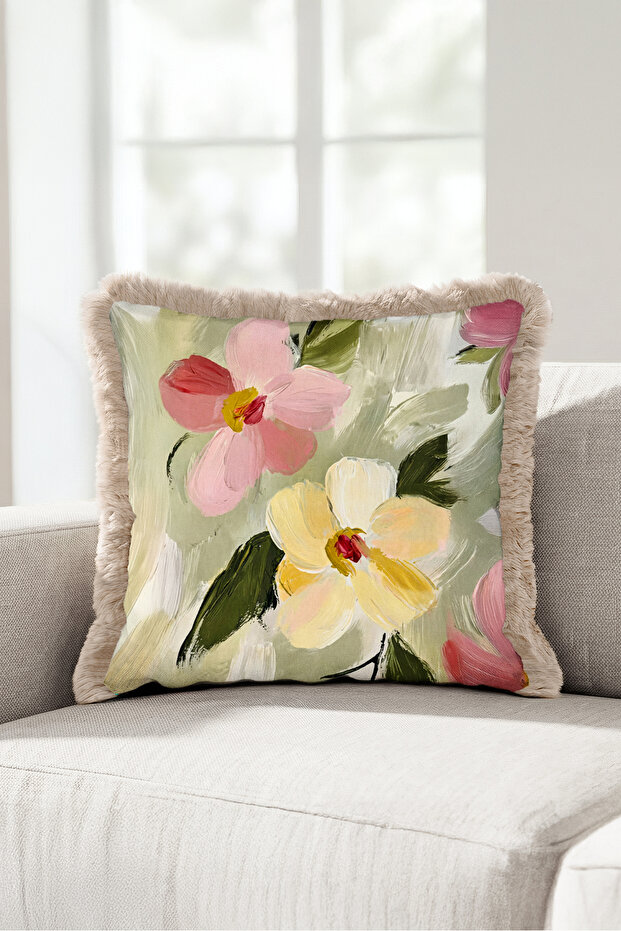 Floral Spring Breeze Fringed Pillowcase-Romantic Botanical Boho Pink Mink Tassel Throw Pillow Cover