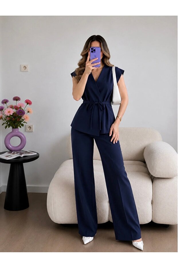 Navy Blue Double-Breasted Lace-Up Vest Trousers Blazer Suit