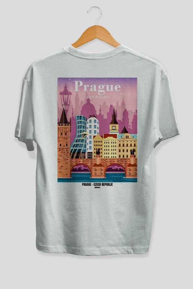 Prague Czech White Oversize Country City Back Printed Unisex T-Shirt 100% Cotton Premium