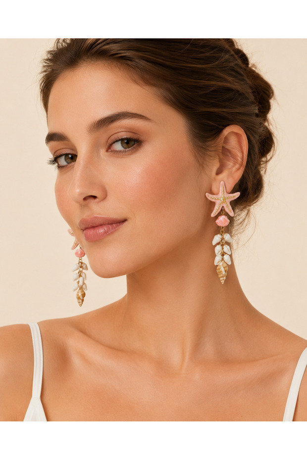 Pink and White Starfish and Seashell Figured Dangle Large Women's Earrings Zarax Model