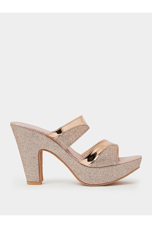 Gold Glitter Look Block Heel Mules