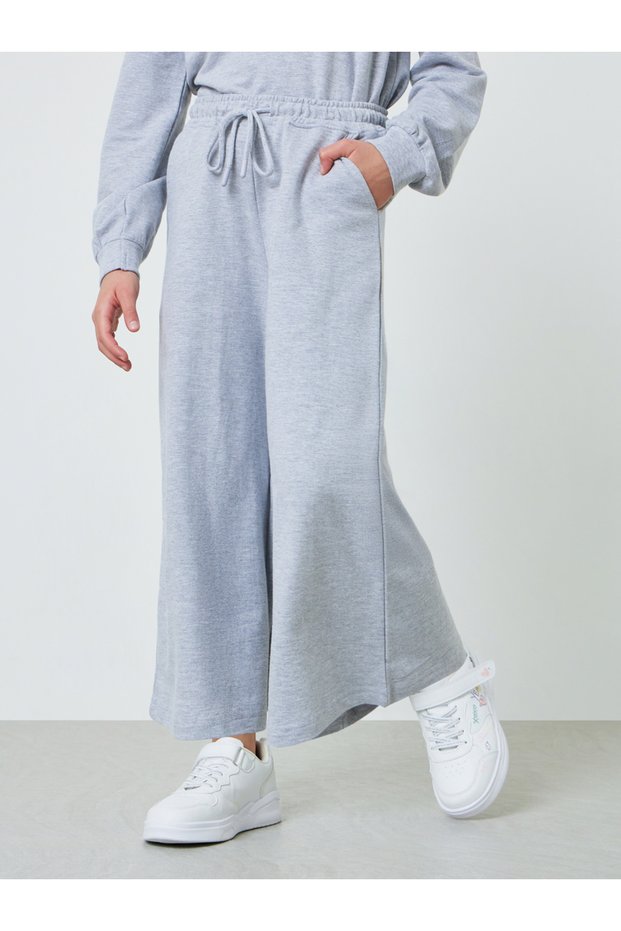 Teen Girls Grey Cotton Wide Leg Cropped Joggers
