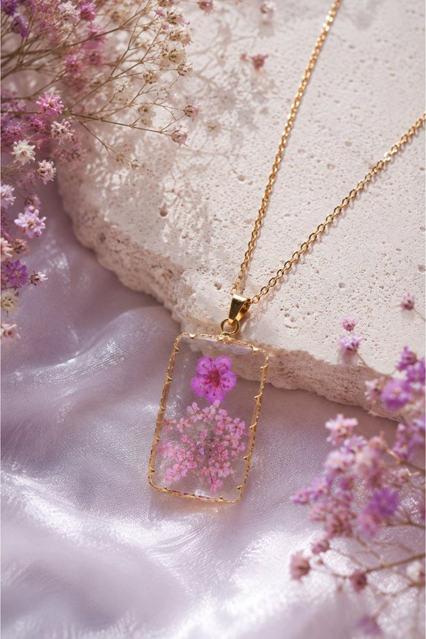 Pink Floral Rectangular Form Resin Steel Necklace (Gold Color)