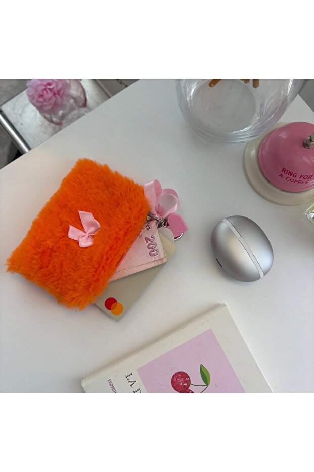 Plush Mini Wallet & Bag Charm | Card Holder, Coin Purse, Earphone and Keychain Organizer | Orange