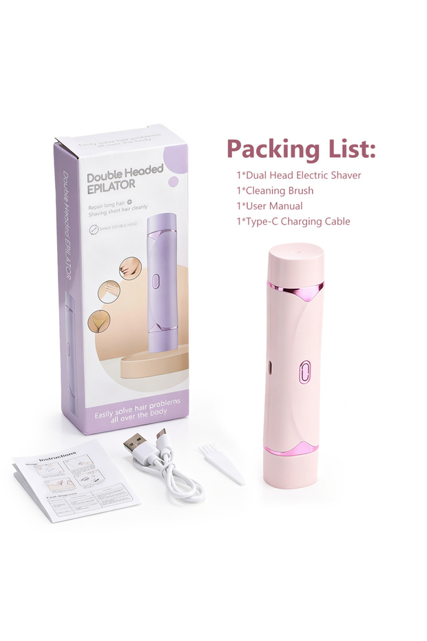 Pink Women's 2-in-1 Dual-Head Electric Razor Painless Bikini Trimmer Wet/Dry Use Detachable Head for