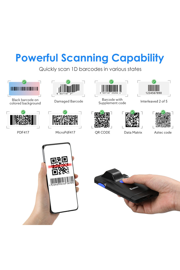 ماسح ضوئي محمول للباركود من إيويو بتقنية البلوتوث مع مشبك خلفي للهاتف، قارئ رموز البيانات المصفوفة والرموز ثنائية الأبعاد - 2