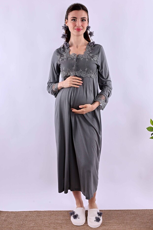 Cotton Maternity Nightgown with Breastfeeding Feature Effortt - Smoked