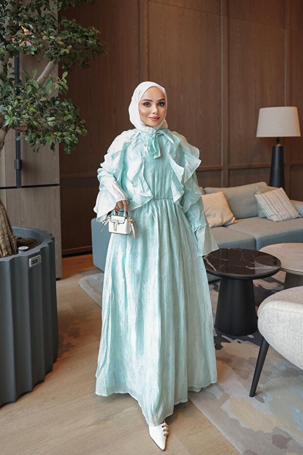 Mint Green Collar Tie Ruffle Chiffon Dress