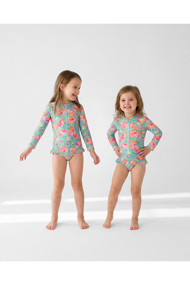 Flamingo Sleeved Swimsuit Upf 40 Protection Long Sleeve Baby Kids Swimsuit